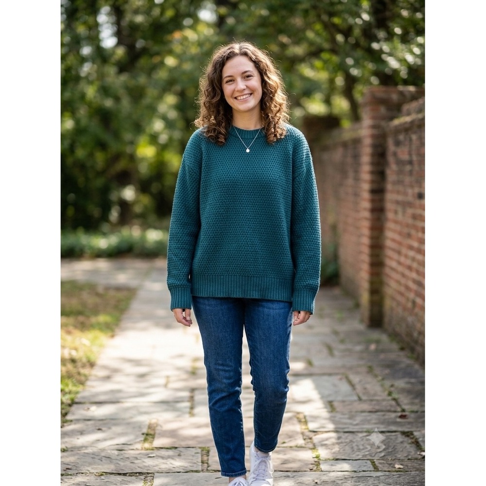 Pact Organic Cotton Waffle Knit Crewneck Sweater Teal Blue Spruce Womens Large